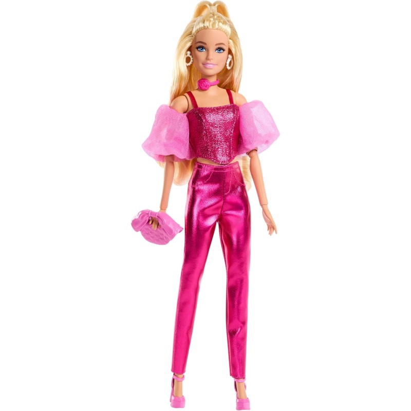 Mattel - Barbie JFP40 - Deluxe Style n. 5, bambola con abito rosa metallizzato e capelli biondi, top a corsetto scintillante e