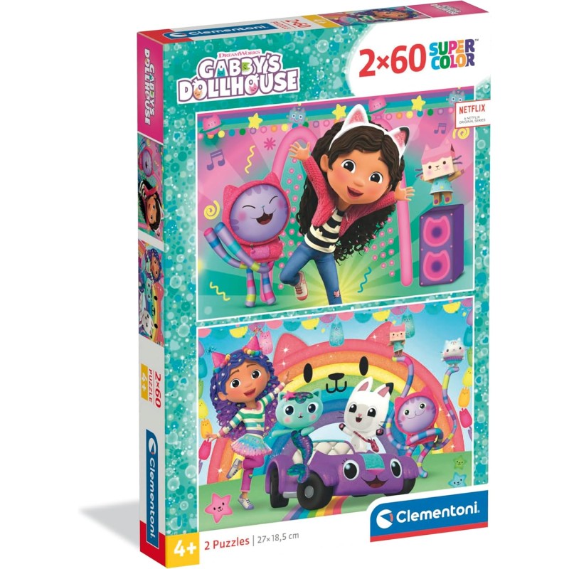 Clementoni - Puzzle per Bambini 2x60 Pezzi Supercolor, per Bambini 4+ Anni, Illustrazione con Personaggi dal Cartone Gabby Doll