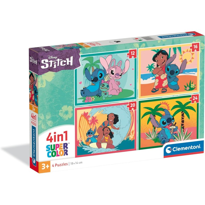 Clementoni - Puzzle 4 in 1 Supercolor, per Bambini 3+ Anni, Diverse Pezzature Illustrazioni Disney Stitch, Idea Regalo, Made in