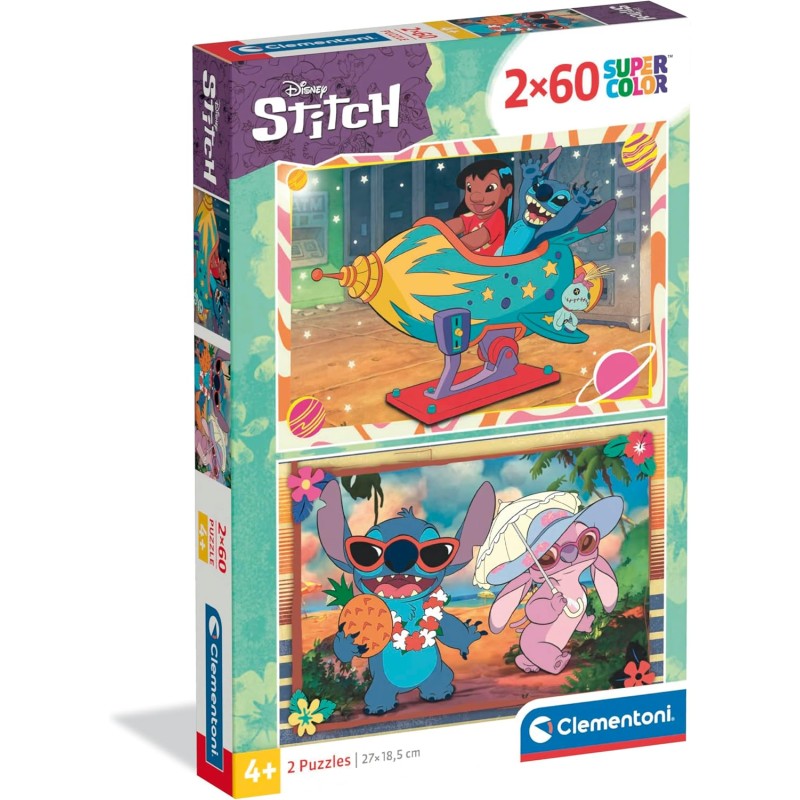 Clementoni - Puzzle per Bambini 2x60 Pezzi Supercolor, per Bambini 4+ Anni, Illustrazione Disney Stitch, Idea Regalo, Made in I