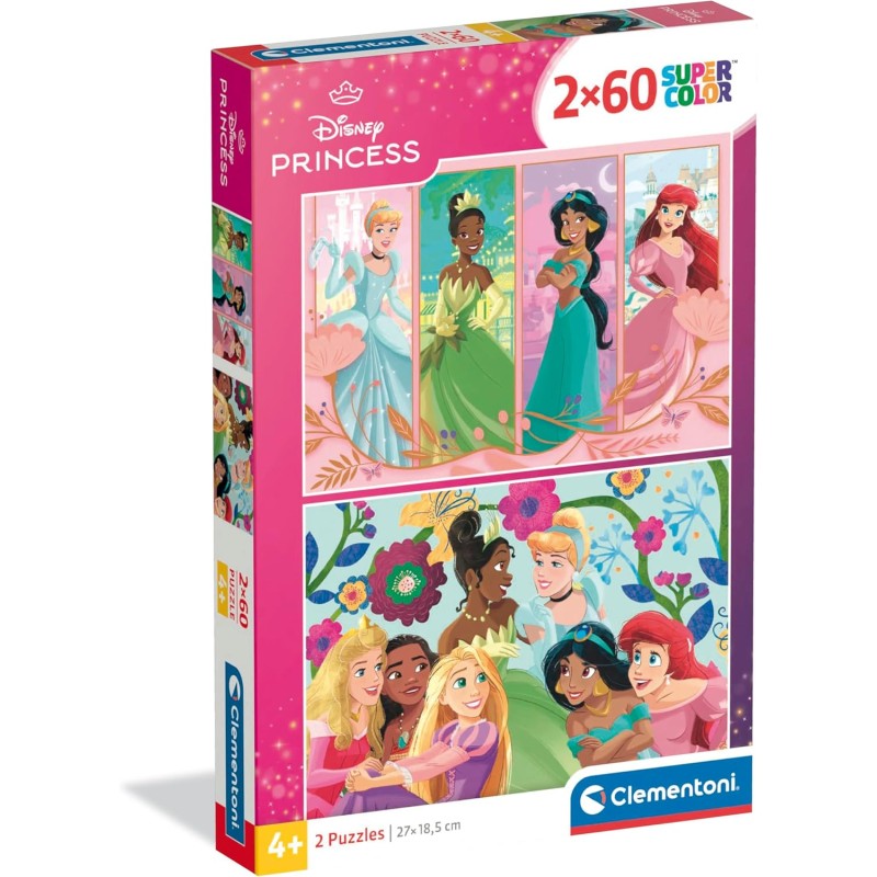 Clementoni - Puzzle per Bambini 2x60 Pezzi Supercolor, per Bambini 4+ Anni, Illustrazione Disney Princess, Idea Regalo, Made in