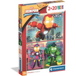 Clementoni - Puzzle per Bambini 2x20 Pezzi Supercolor, 3+ Anni, Illustrazione con Marvel Iron Man and his Awesome Friends, Idea