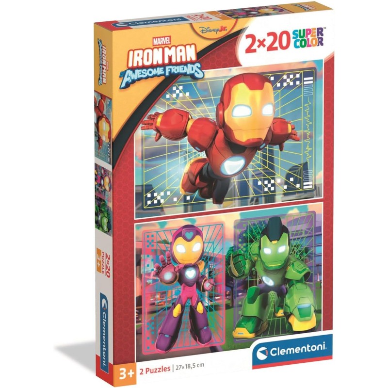 Clementoni - Puzzle per Bambini 2x20 Pezzi Supercolor, 3+ Anni, Illustrazione con Marvel Iron Man and his Awesome Friends, Idea