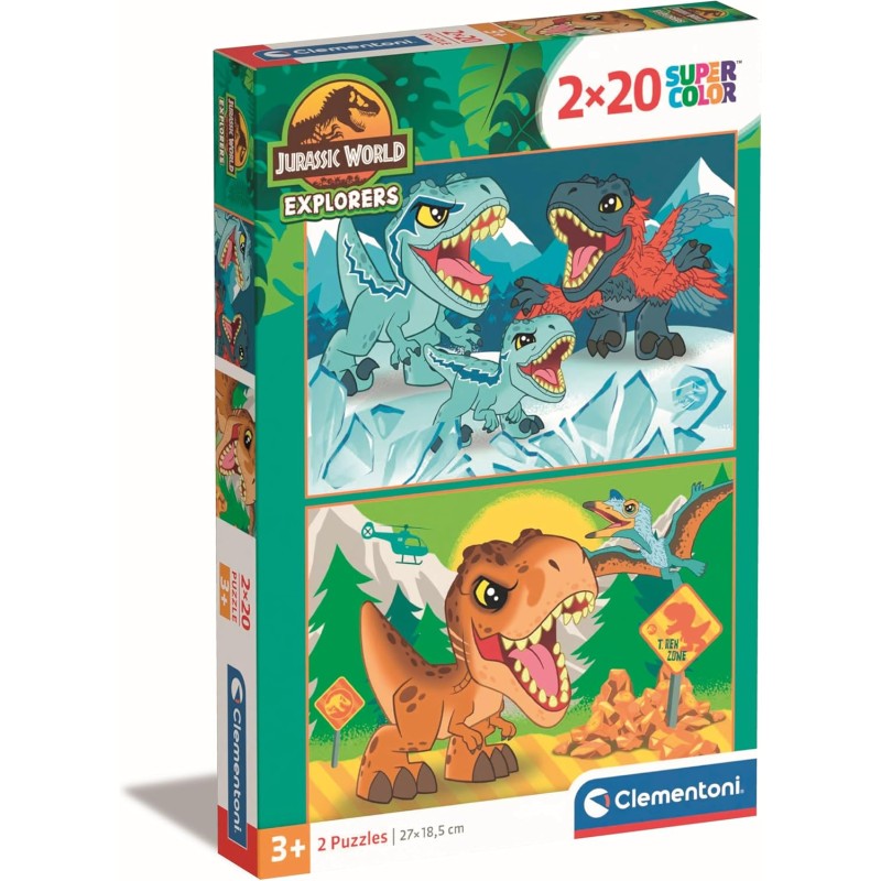 Clementoni - 24810 - Supercolor Puzzle - Jurassic World - 2x20 Pezzi (Include 2 Puzzle Da 20 Pezzi) - Puzzle Bambini 3 Anni, Pu