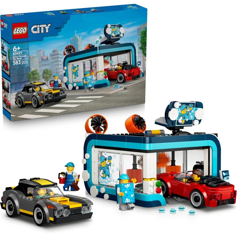 LEGO 60497 City Autolavaggio Drive-In Giocattolo - Include 2 Modellini di Auto, Funzione di Lavaggio e 4 Minifigure con Accesso