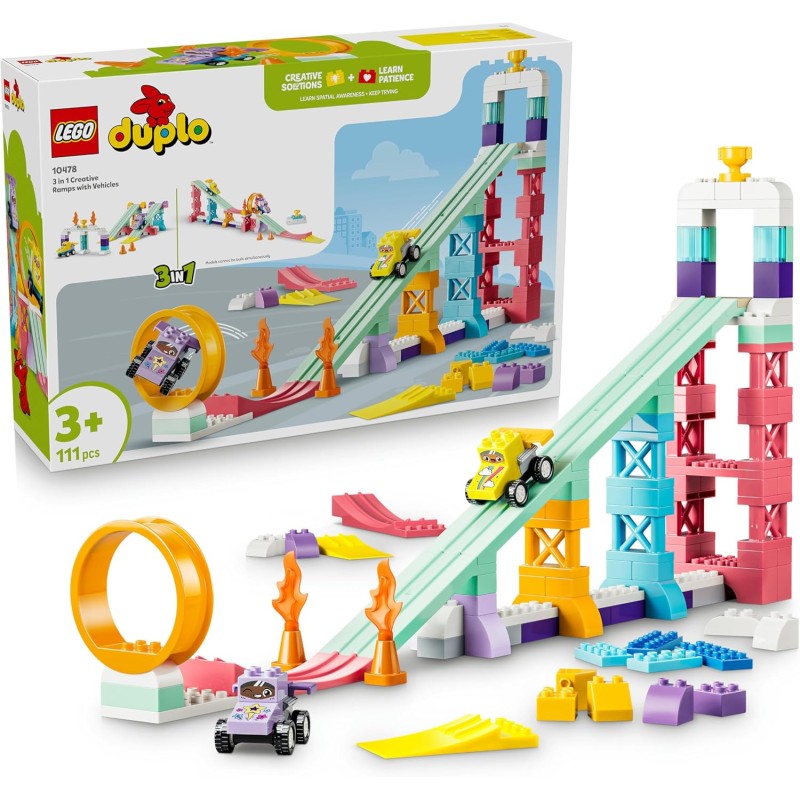 LEGO DUPLO 10478 Rampe Creative 3 in 1 con Veicoli - Giochi Didattici per la Motricità Fine - Set Montessori per Abbinamento de