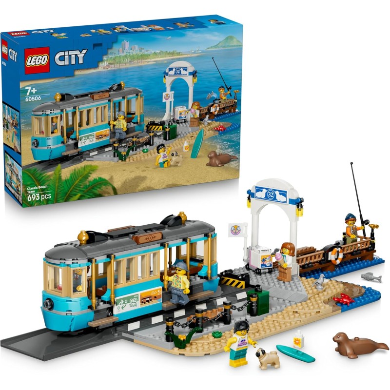 LEGO 60506 City Classic Tram Classico della Spiaggia - Treno Giocattolo con Binari, Scena di Strada, 5 Minifigure e 5 Figure di