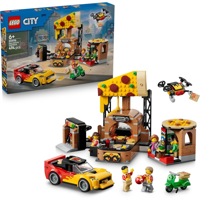 LEGO 60496 City Centro di Consegna Pizze con Veicoli - Include Macchina Giocattolo, Scooter, Drone, Cabinato Arcade e 4 Minifig