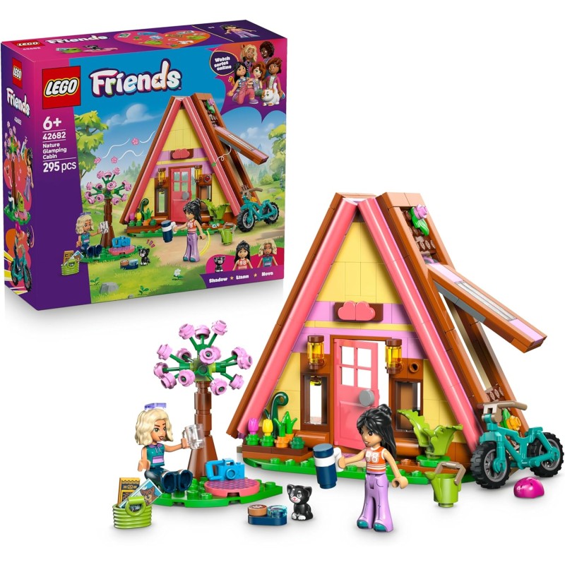 LEGO 42682 Friends Cabina Glamping nella Natura - Casa Giocattolo in Miniatura con 2 Mini Bamboline, Gatto e Accessori tra cui 