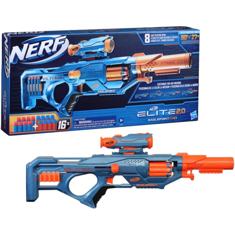 Hasbro - Nerf Elite 2.0 Eaglepoint RD-8 Blaster – Batteria a 8 freccette, cannocchiale e canna staccabili, 16 freccette ufficia
