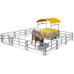 BRUDER 62612 - Rossaio con recinzioni, mangiatoia, balle quadrate, 1 bovino | Accessori per fattoria, agricoltura, mucca, anima