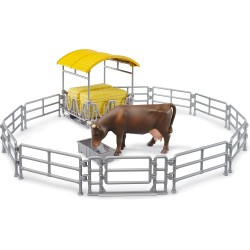 BRUDER 62612 - Rossaio con recinzioni, mangiatoia, balle quadrate, 1 bovino | Accessori per fattoria, agricoltura, mucca, anima