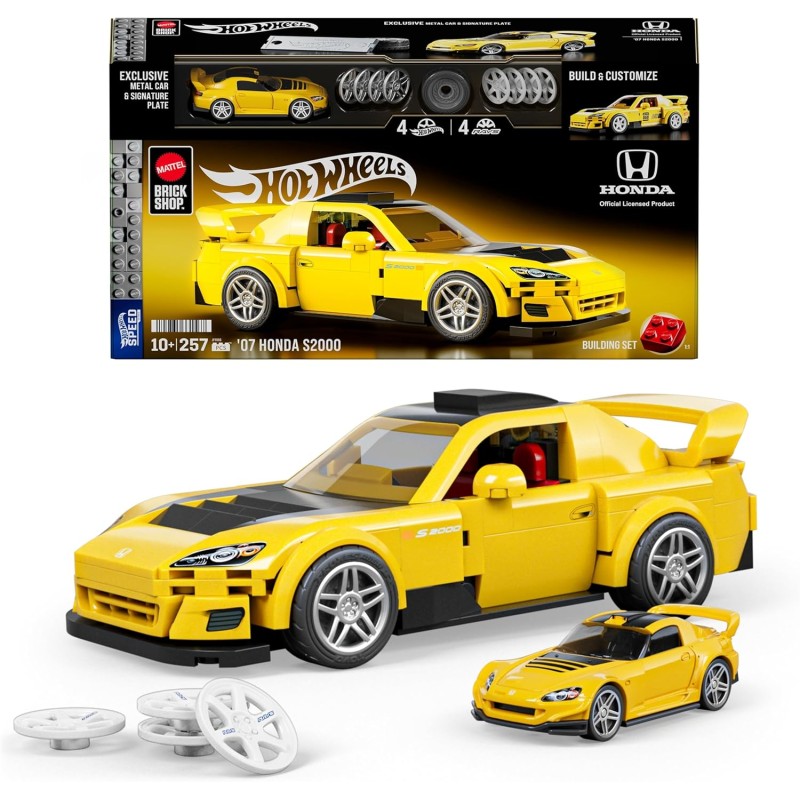 ​​Mattel Brick Shop Hot Wheels - 07 Honda S2000 Serie Speed, set da costruire con 257 pezzi, dettagli realistici e adesivi per 