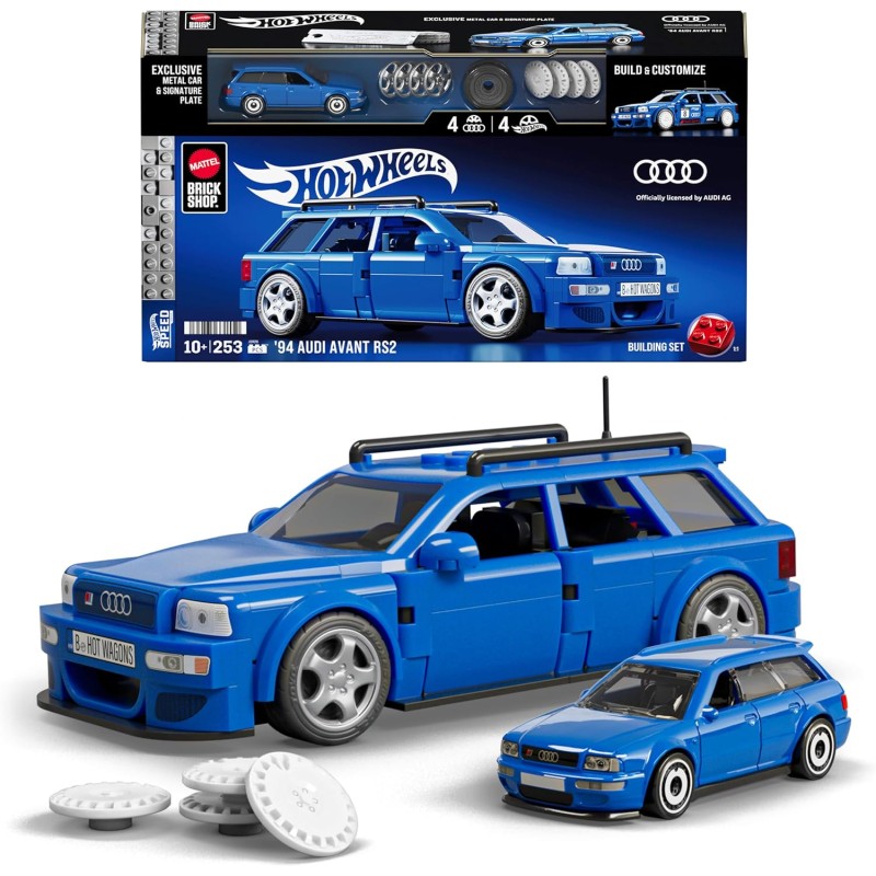 ​Mattel Brick Shop Hot Wheels Serie Speed set da costruire, 94 Audi Avant RS2 con 252 pezzi, dettagli realistici e adesivi per 