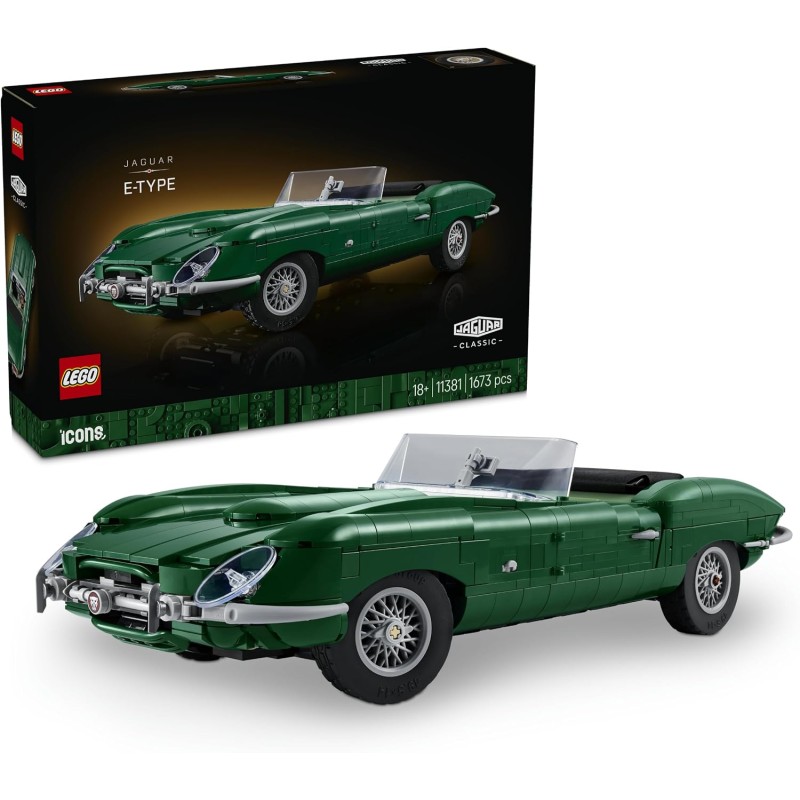 LEGO Icons 11381 Jaguar E-Type - Kit di Modellismo per Adulti di Classica Auto Sportiva - Motore 6 Cilindri in Linea e Kit di A