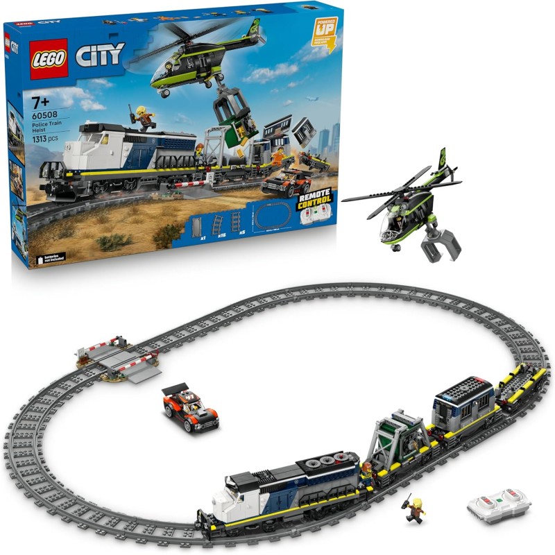 LEGO City 60508 Rapina al Treno della Polizia - Modellino di Treno Telecomandato con Binario Circolare, Elicottero, Auto da Ral
