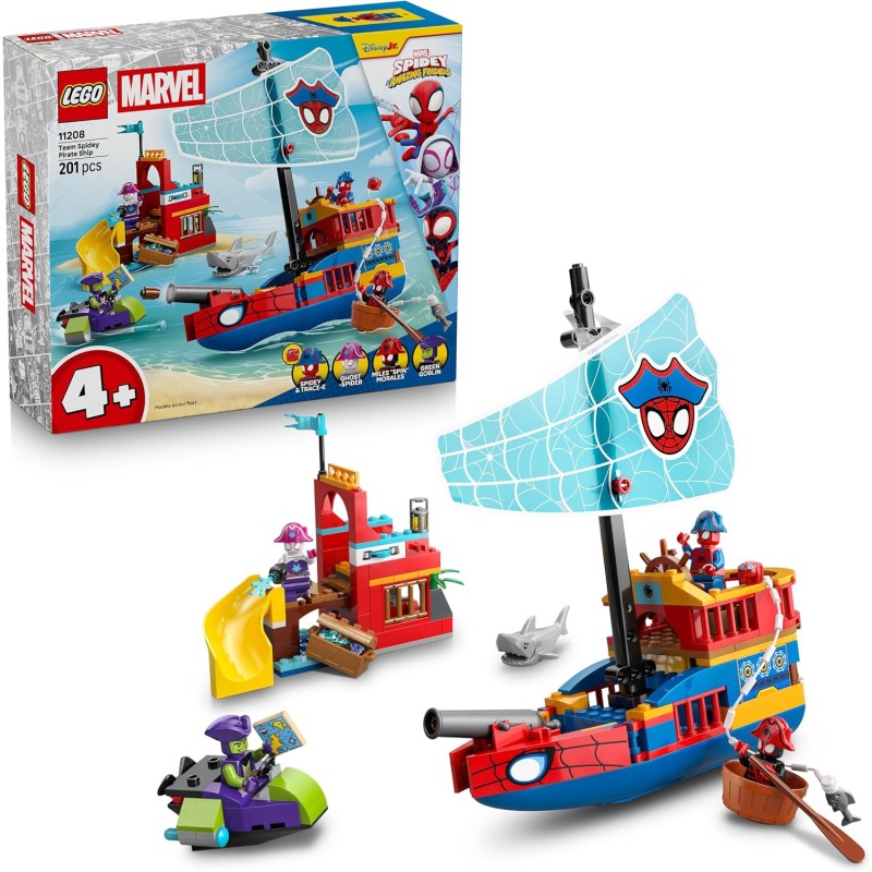 LEGO ǀ Marvel 11208 Nave Pirata del Team Spidey - Set dei Supereroi con Nave Giocattolo, 2 Barche e 4 Minifigure