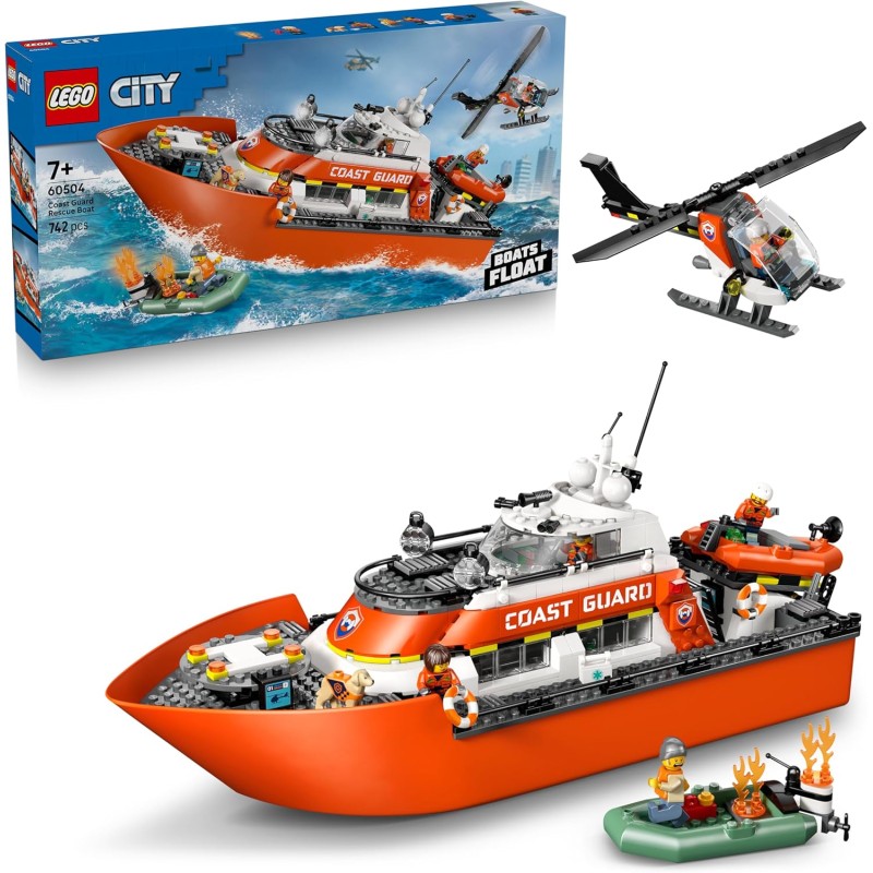 LEGO City 60504 Coast Guard Rescue Boat & Helicopter Toy - Emergency Vehicles Playset w/Model Floating Ship, 5 Minifigures & Do