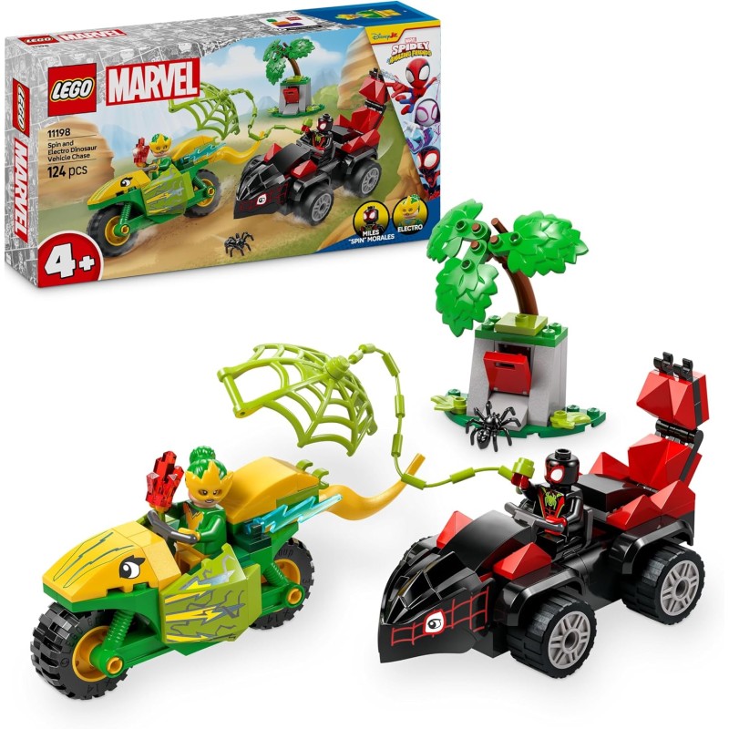 LEGO 11198 Spidey e i Suoi Fantastici Amici Inseguimento sui Dino-Veicoli di Spin ed Electro, Giochi Educativi e di Ruolo da 4 
