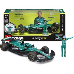 Bburago - Aston Martin AMR25 Alonso, Modello Scala 1:24, Figure Pilota