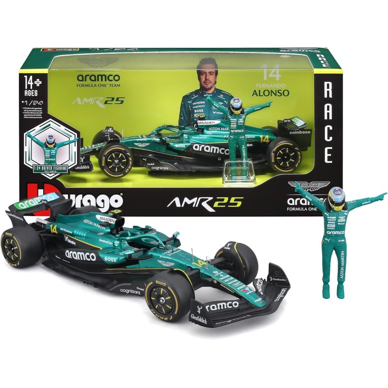 Bburago - Aston Martin AMR25 Alonso, Modello Scala 1:24, Figure Pilota
