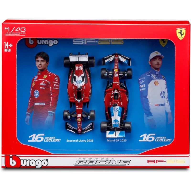 Bburago 1:43 Scale Ferrari SF-25 F1 2025 – Charles Leclerc Two-Car Driver Pack | Ufficiale Ferrari Licensed Die-Cast Set | 2025