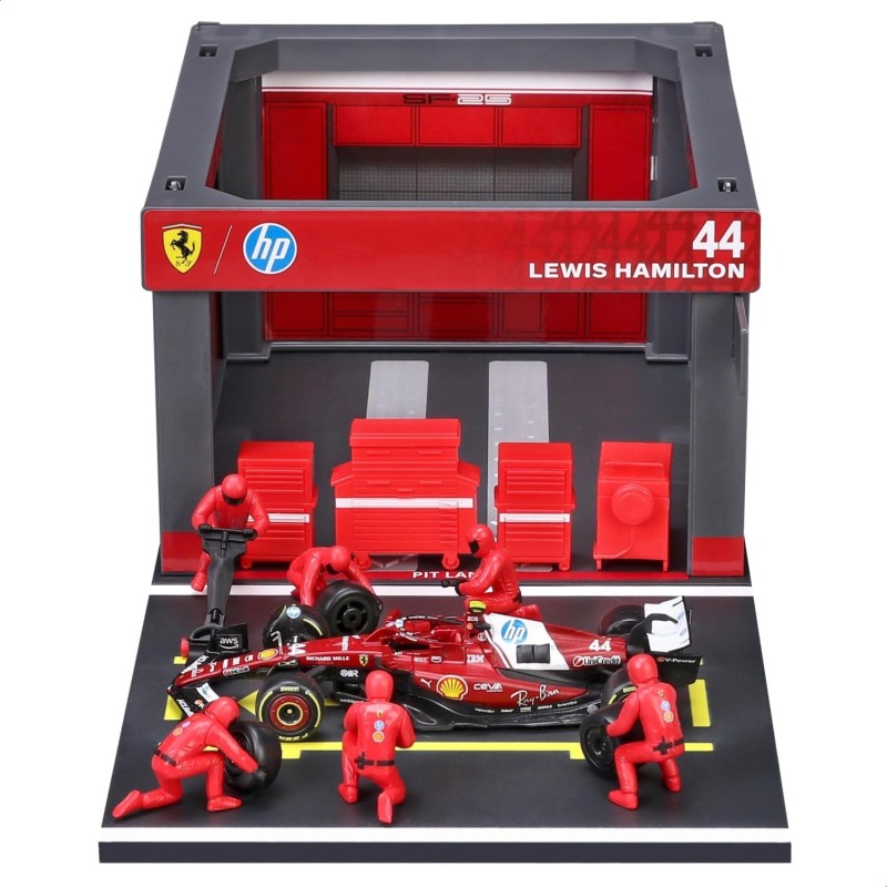 Bburago - Ferrari SF-25 Hamilton, Playset Pit Stop Scala 1:43