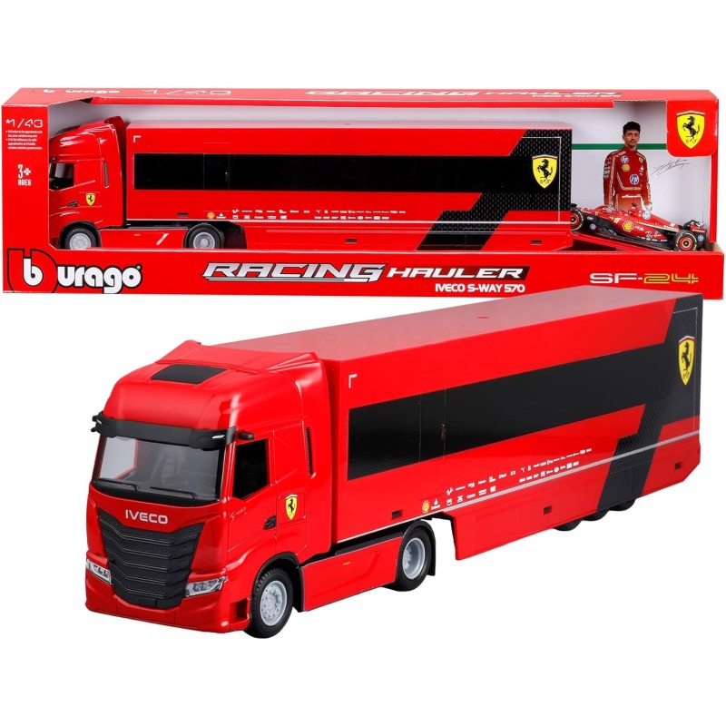 BBURAGO Iveco S-Way 570 Racing con Ferrari SF-24 #16 Leclerc, Set Diecast in Scala 1:43, Bisarca Dettagliata con Auto F1, Licen
