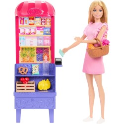 Mattel Barbie - Malibu fa la spesa, bambola bionda e bancarella del mercato con 11 accessori a tema, set ispirato al film Barbi