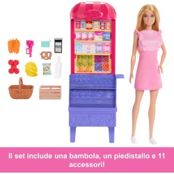 Mattel Barbie - Malibu fa la spesa, bambola bionda e bancarella del mercato con 11 accessori a tema, set ispirato al film Barbi
