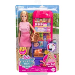 Mattel Barbie - Malibu fa la spesa, bambola bionda e bancarella del mercato con 11 accessori a tema, set ispirato al film Barbi