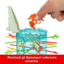 Mattel Games ​Salve le Scimmie Jurassic World La Rinascita, gioco per bambini e famiglia con torre oceanica e spinosauri ispira