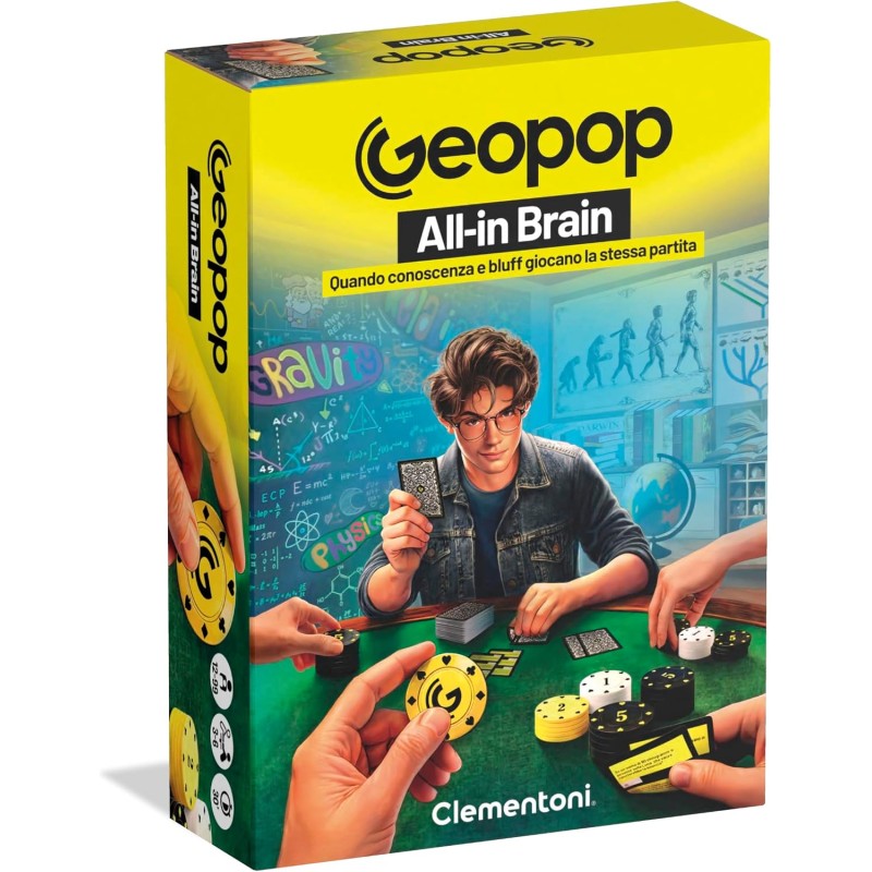 Clementoni x Geopop - All-in Brain, Gioco da Tavolo di Bluff e Scienza 12+ Anni, Poker di Curiosità Scientifiche con Chip e Pla