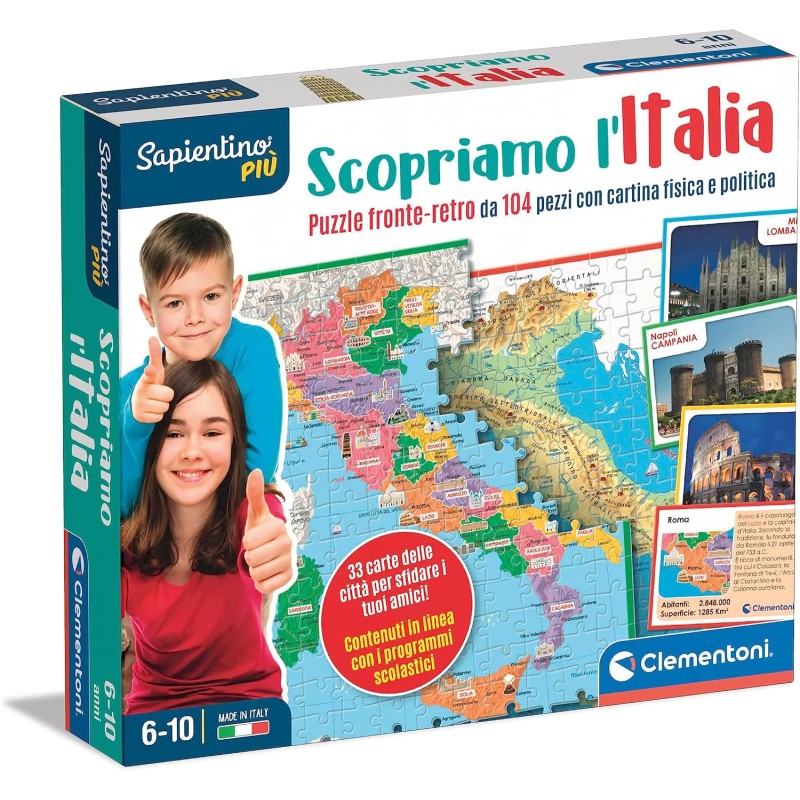 Clementoni - 16594 - Sapientino più - Scopriamo L Italia Smart - Puzzle Cartina Fisica E Politica Italia, Gioco Educativo E di 