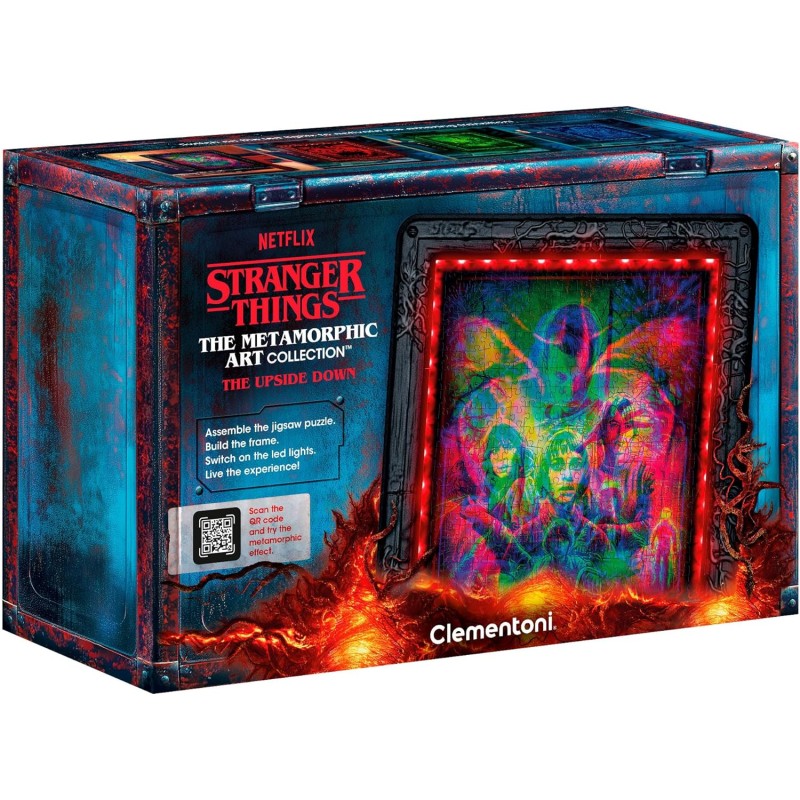 Clementoni - 35155 Stranger Things Metamorphic Art Collection - The Upside Down, Quadro Interattivo 520 Pezzi con Cornice e LED