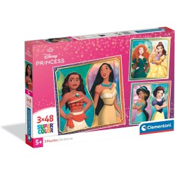 Clementoni - Puzzle per Bambini 3x48 Pezzi Supercolor, per Bambini 5+ Anni, Illustrazioni Disney Princess, Idea Regalo, Made in