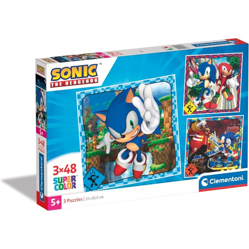 Clementoni - Sonic Supercolor Puzzle-Sonic-3x48 (Include 3 48 Pezzi) Bambini 5 Anni, Puzzle Cartoni Animati, Made in Italy, Mul