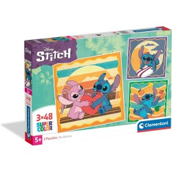 Clementoni - Puzzle per Bambini 3x48 Pezzi Supercolor, per Bambini 5+ Anni, Illustrazioni Disney Stitch, Idea Regalo, Made in I