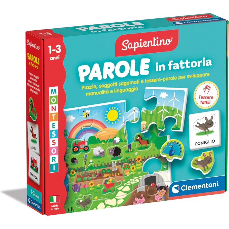 Clementoni Sapientino Montessori - Parole in Fattoria, Gioco Educativo con Puzzle Animali Sagomati per Bambini 1-3 Anni, Svilup