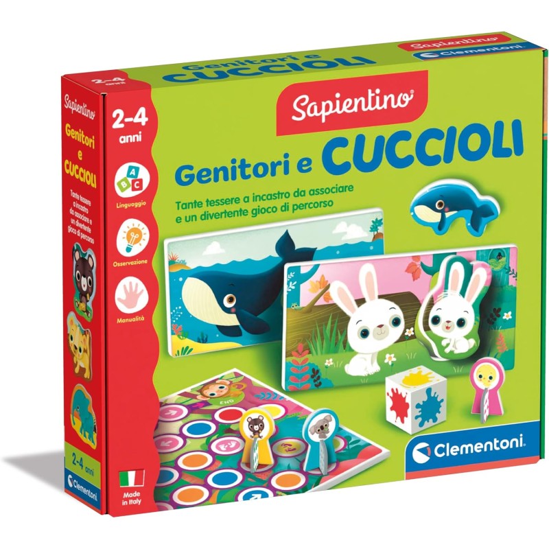 Clementoni Sapientino - Genitori e Cuccioli, Gioco Educativo per Bambini 2-4 Anni, Flashcards per Riconoscere Gli Animali e i L