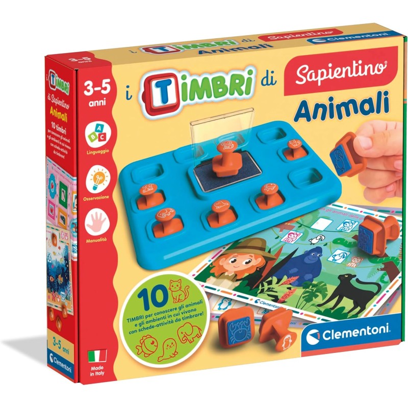 Clementoni Sapientino - I Timbri di Sapientino Animali, Gioco Educativo 3-5 Anni, Imparare Habitat e Animali, 10 Timbri Ergonom