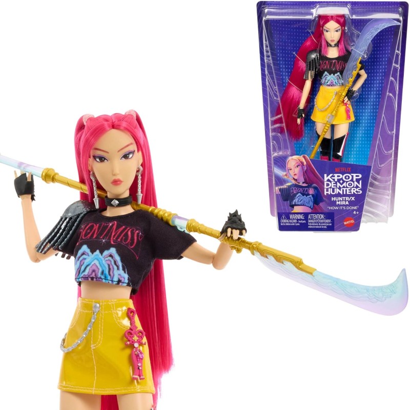 Mattel KPop Demon Hunters - Mira di HUNTR/X, bambola dai lunghi capelli rosa e outfit per la canzone "How It s Done", accessori