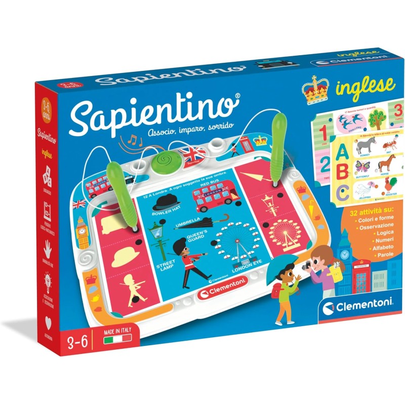 Clementoni Sapientino - Inglese, Gioco Educativo Bambini 3-6 Anni, Banchetto Elettronico con Penne Spinotti e 16 Schede con 32 