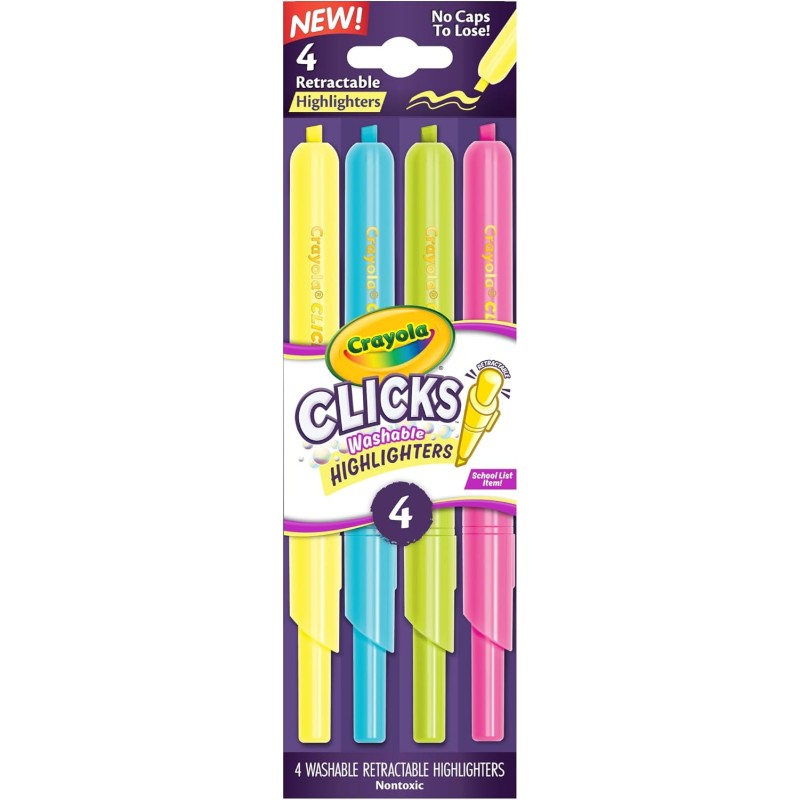 CRAYOLA Clicks – 4 Evidenziatori Lavabili Retrattili Senza Cappuccio, Colori Neon ad Alta Visibilità, Punta Multi-Tratto, per S