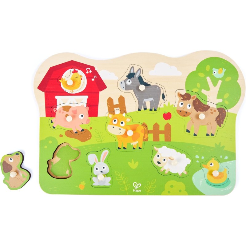 Hape Puzzle in legno da fattoria, puzzle in legno con manopole per bambini, giocattolo educativo tutto intorno alla fattoria, g