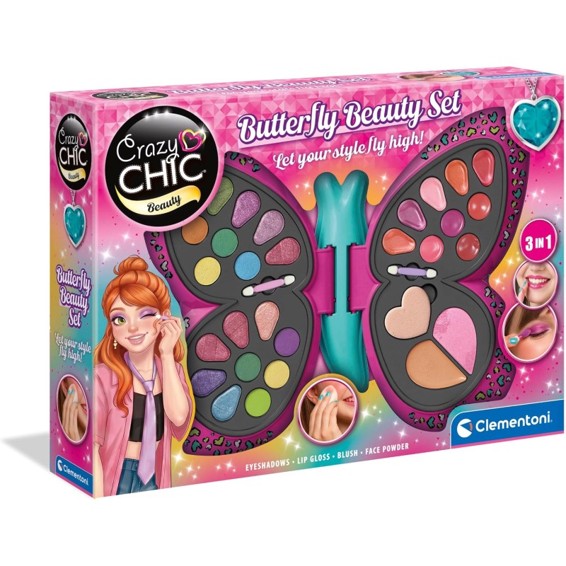 Clementoni Crazy Chic - Butterfly Beauty Set Trousse Trucchi, Cofanetto Make-Up Bambini 6+ Anni, Palette a Forma di Farfalla co