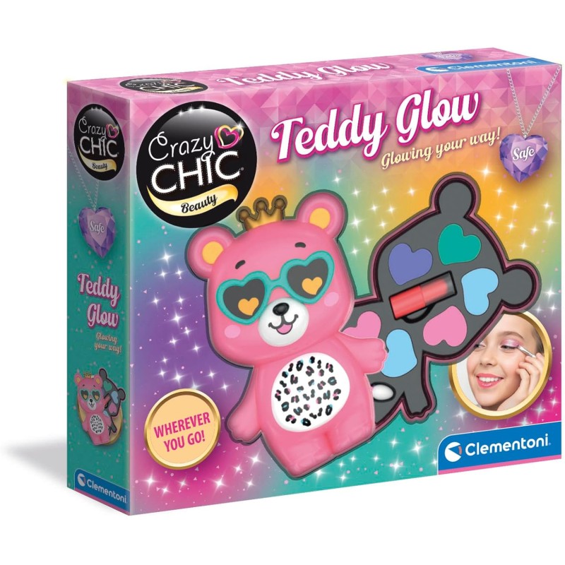 Clementoni Crazy Chic - Teddy Glow Trousse Trucchi, Cofanetto Make-Up Bambini 6+ Anni, Palette con 6 Ombretti Colorati e Rosset