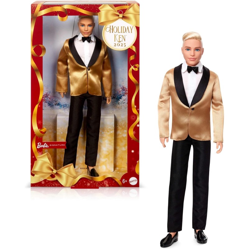 Barbie Signature - Ken Magia delle Feste 2025, bambola da collezione con tuta elegante e giacca dorata, confezione da esporre, 