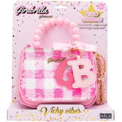 Girabrilla Glamour - Borsetta Vichy Vibes con Paillettes Reversibili, Maniglia con Perle, Tracolla e Charms GB