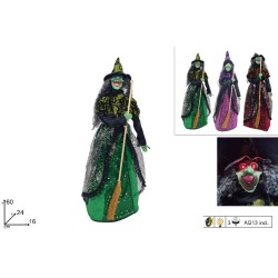 Befana 60 cm con vestito a paillettes, luci e suoni, 3 colori assortiti, 1 pezzo